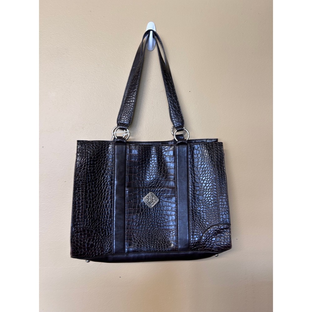 Coldwater Creek Dark Brown Croc Embossed Leather‎ Tote Bag Silver Hardware